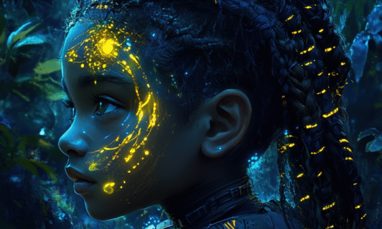 Illustration de Kaomi, héroïne afro-futuriste aux tresses illuminées et motifs de lumière sur le visage, symbole de l’univers poétique et magique KAOMI WORLD.