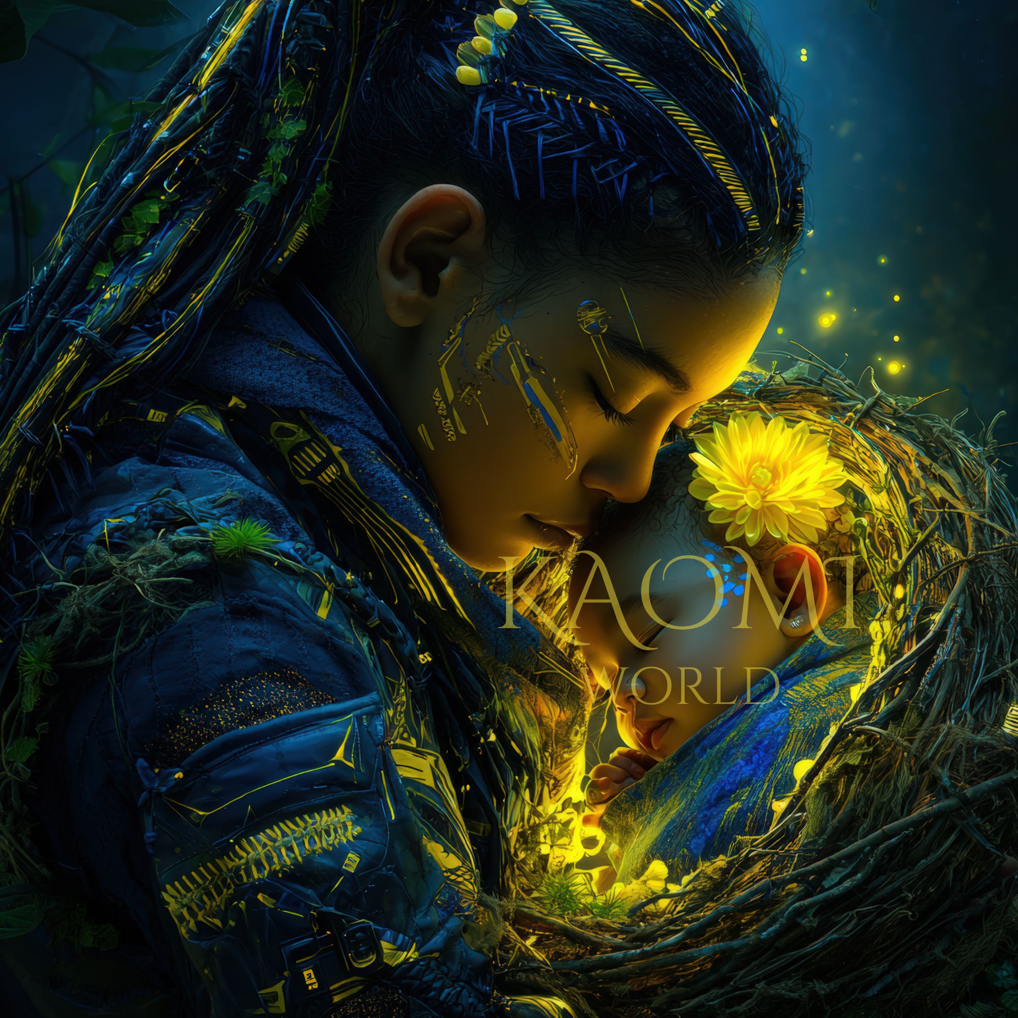 Illustration d’une jeune femme afro-futuriste tenant un bébé lumineux dans un nid de branches, symbole de protection, d’amour et de lumière intérieure.