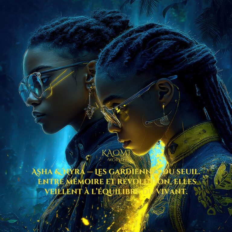 Portrait de deux jeunes femmes noires, habillées de tenues futuristes ornées d’or, dans une forêt bleutée. L’une regarde vers l’avenir, l’autre vers le passé. Une lumière dorée jaillit entre elles. L’image évoque la dualité, la connexion, et la transmission énergétique.