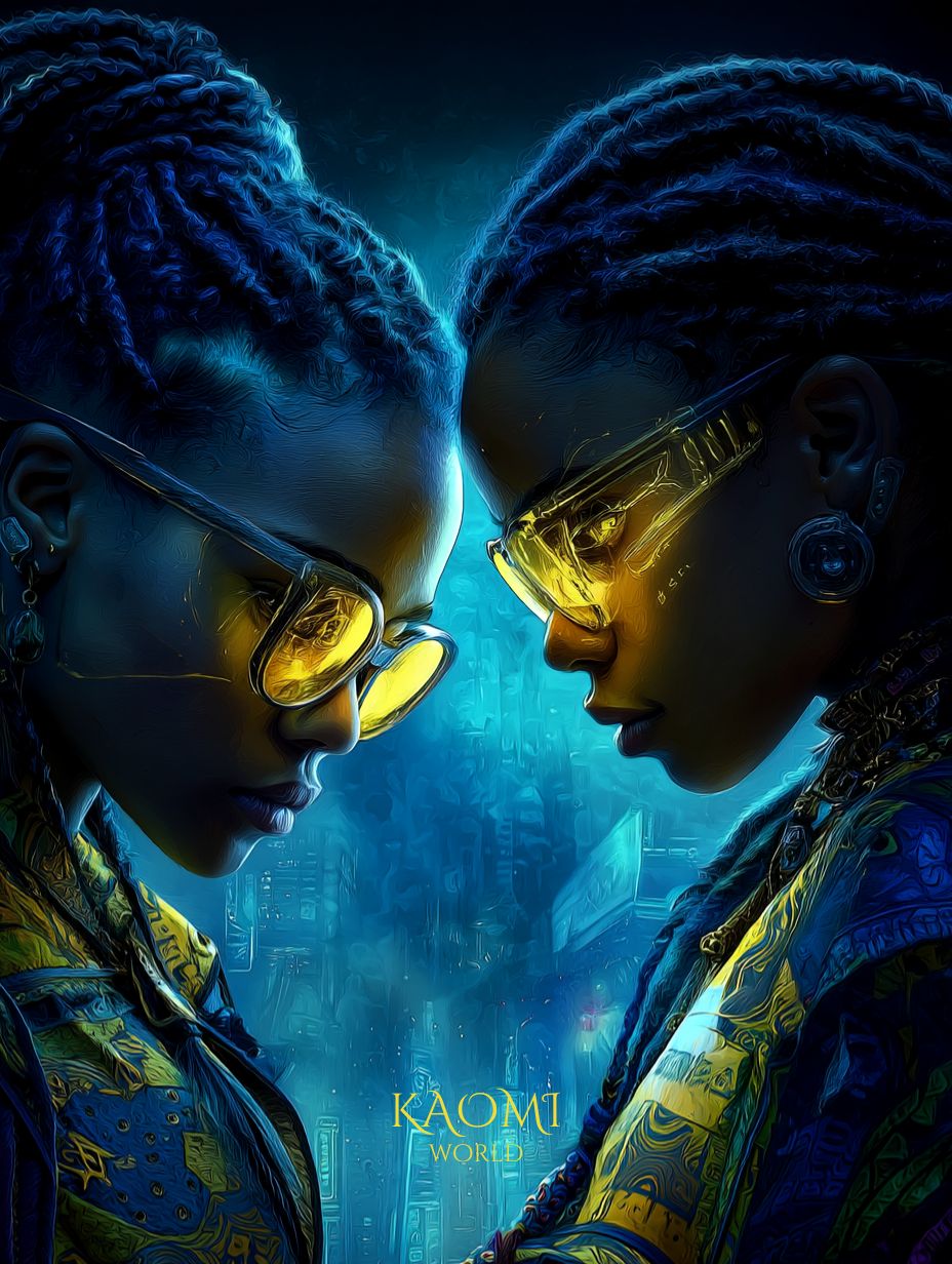 Portrait lumineux d’Asha et Nyra, deux jeunes femmes face à face, leurs visages éclairés par des reflets dorés dans une ambiance bleue mystique, symbolisant le lien entre deux mondes dans Kaomi World.