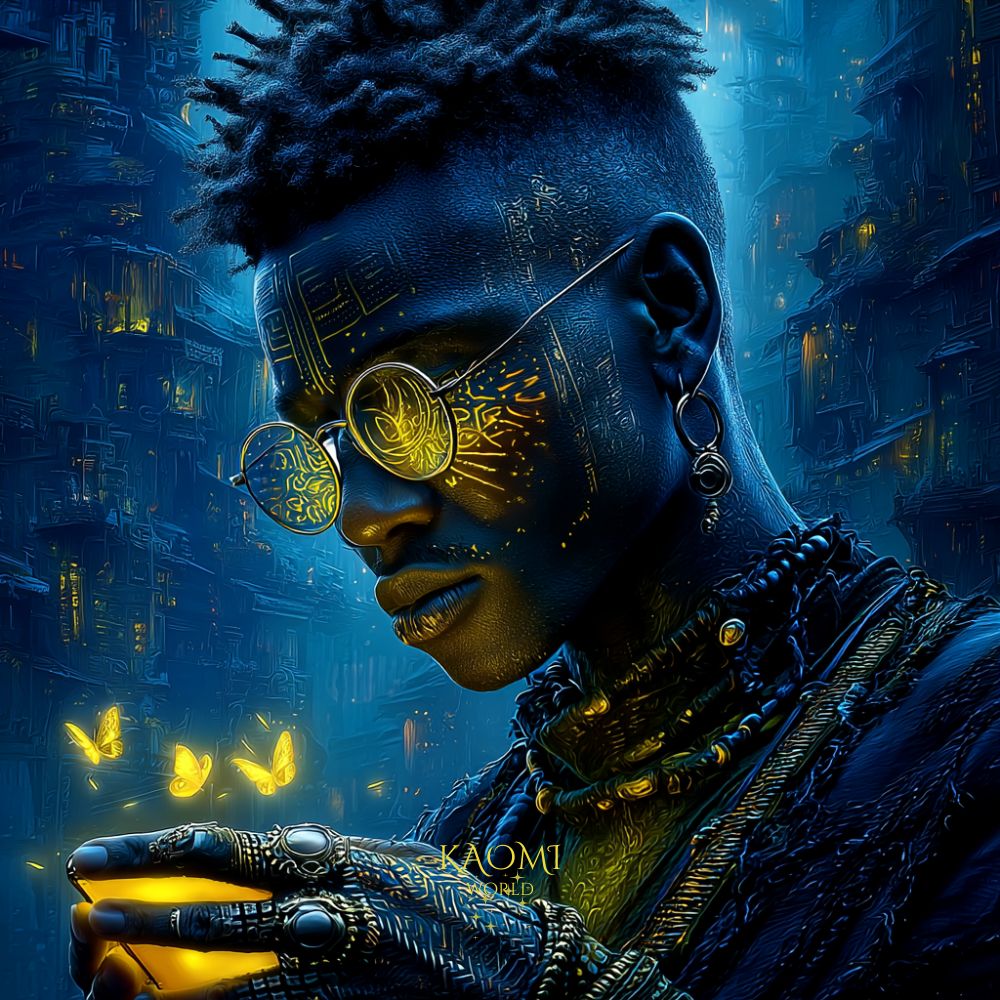 Portrait de Sira, le Gardien des Algorithmes, jeune gardien au regard doré, entouré de lueurs bleues et de papillons lumineux, tenant entre ses mains une lumière vivante.