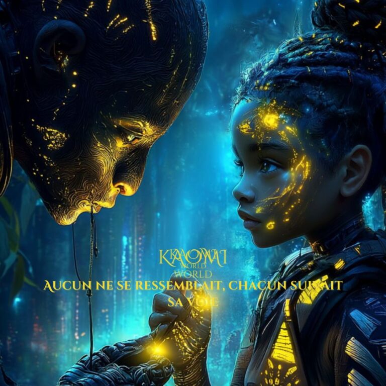 Aucun ne se ressemblait, chacun suivait sa voie Une enfant lumineuse regarde un être mystérieux aux motifs dorés, dans une forêt bleue et scintillante. Leurs mains se rejoignent, unis par un éclat de lumière, symbole d’un lien profond et de la singularité de chaque être. Illustration de Kaomi World, univers poétique et initiatique de Laëtitia Bolard.