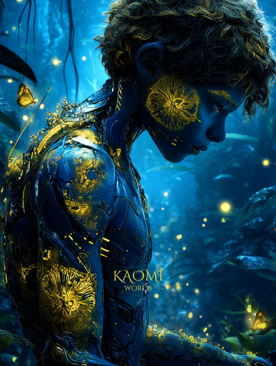Un enfant androïde à la peau bleue et dorée, couvert de motifs lumineux, se tient pensif dans une forêt scintillante. Des papillons de lumière volent autour de lui, symbole de la beauté des différences et de la lumière intérieure propre à chacun. Illustration poétique de Kaomi World par Laëtitia Bolard.