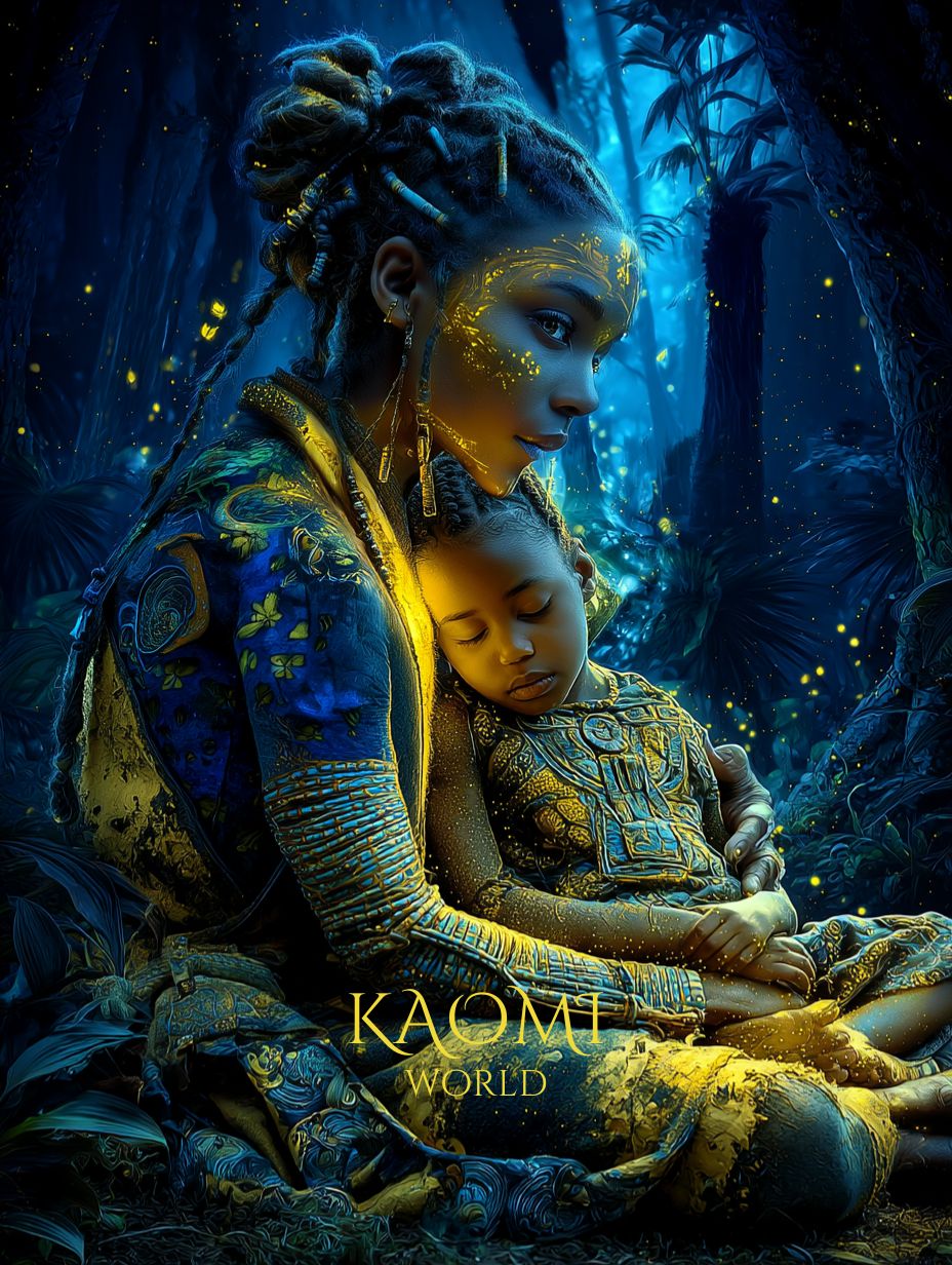 Naïa, gardienne de la tendresse, enlace un enfant endormi dans la forêt lumineuse de Kaomi World, sa peau irradiant une douce lumière dorée.