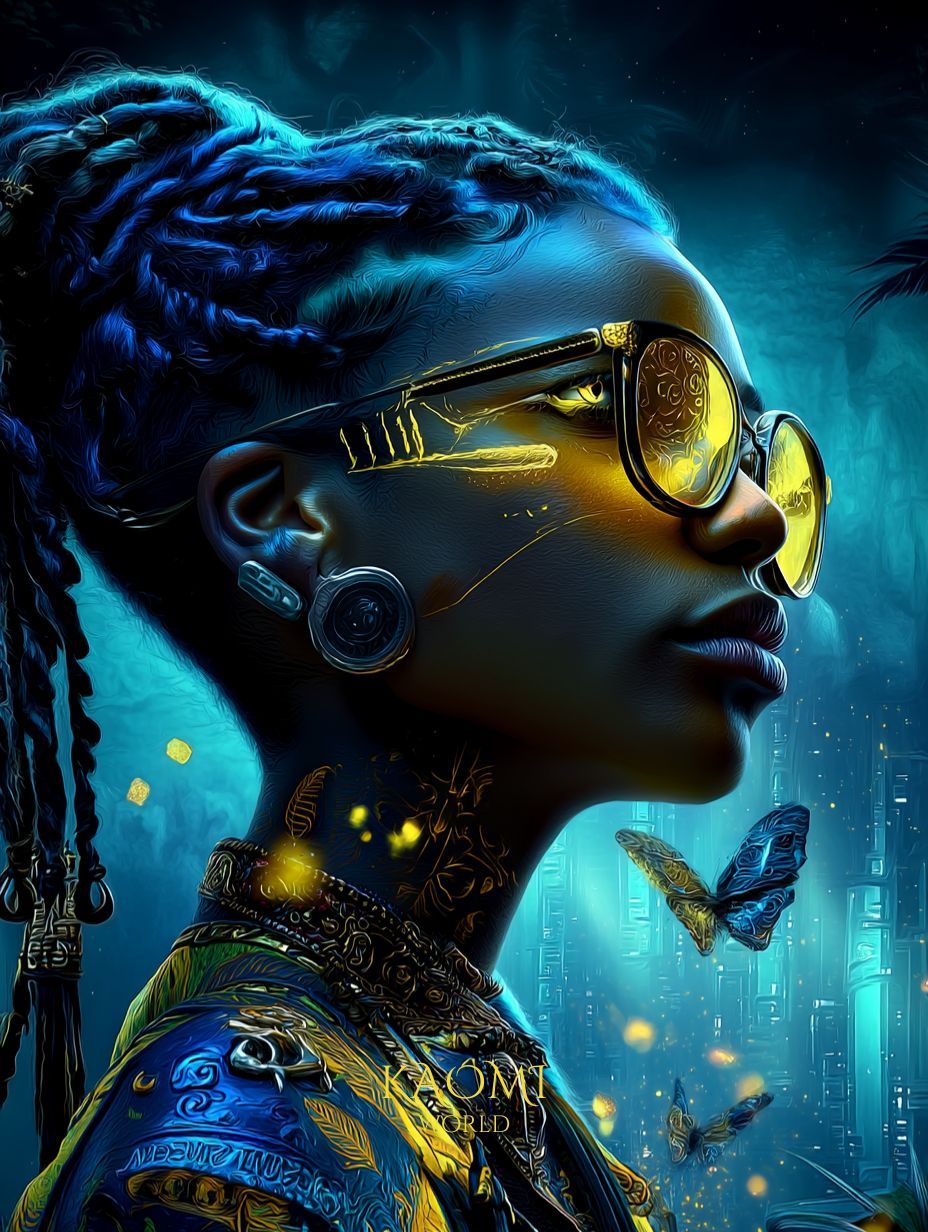 Portrait de Nyra, jeune femme aux tresses et lunettes dorées, la peau parcourue de motifs lumineux. Autour d’elle volent des papillons bleus et dorés dans une ambiance nocturne et mystique. Illustration poétique issue de l’univers Kaomi World.
