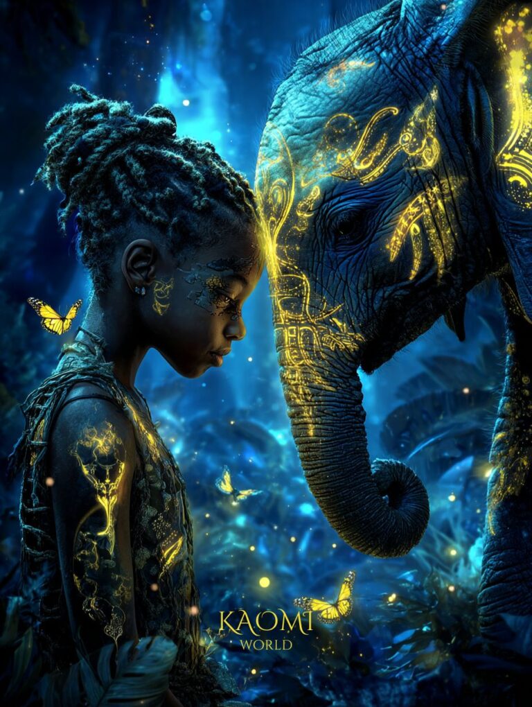ORAYNE - LA MÉMOIRE DE L’HUMANITÉ Illustration poétique d’une fillette et d’un éléphanteau lumineux se faisant face dans une forêt bleue scintillante. Leurs motifs dorés s’entrelacent dans un échange silencieux, symbole de mémoire, d’écoute et de lien entre les êtres, issu de l’univers Kaomi World.