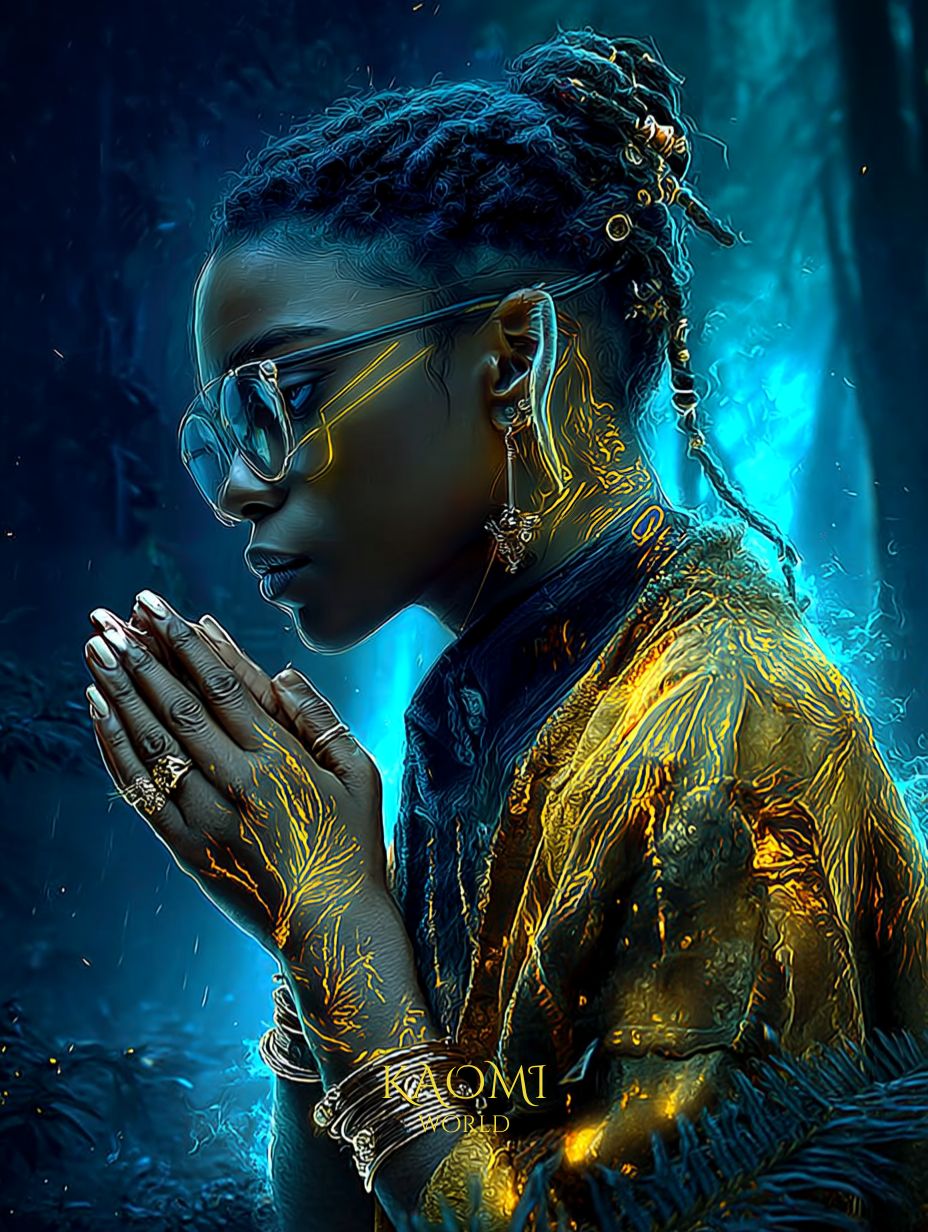 Portrait d’Asha, jeune femme au regard calme et profond, vêtue d’un manteau doré orné de motifs lumineux. Elle se tient dans une forêt bleue et brumeuse, les mains croisées sur le cœur, baignée d’une lueur douce et dorée, univers Kaomi World.