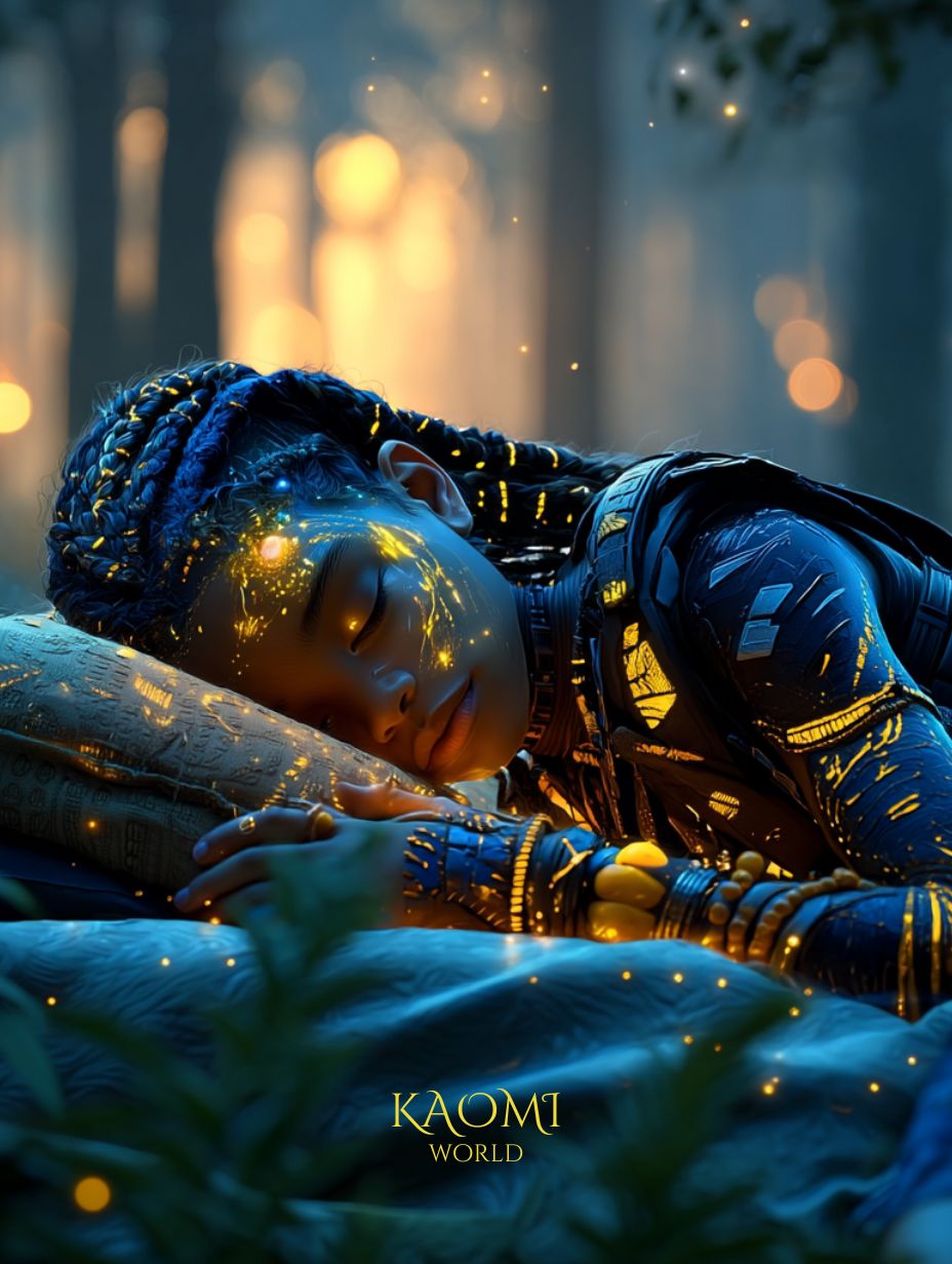 Kaomi endormie au cœur de la forêt lumineuse, le visage traversé de filaments dorés, symbole de la connexion entre le rêve, la nature et la lumière intérieure.