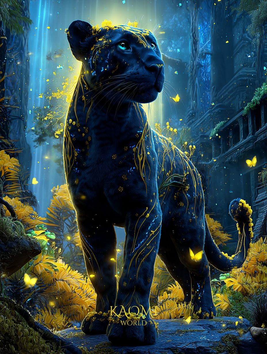 Kiran, la panthère métamorphe du monde de Kaomi, se tient devant les vestiges d’une ancienne civilisation, le corps parcouru de lueurs dorées et de fleurs lumineuses, symbole du lien entre ombre et lumière.