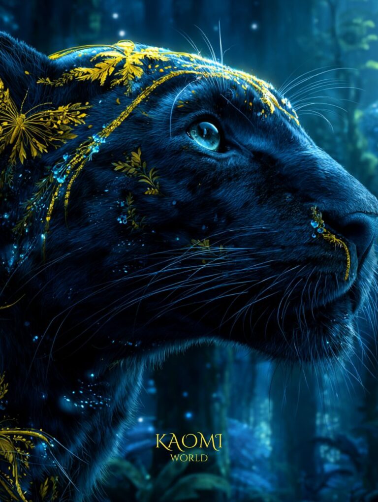 Kiran, le veilleur des âmes Gros plan sur Kiran, la panthère métamorphe du monde de Kaomi, au regard lumineux et au pelage orné de motifs floraux dorés, symbole du lien sacré entre la nature et la lumière intérieure.