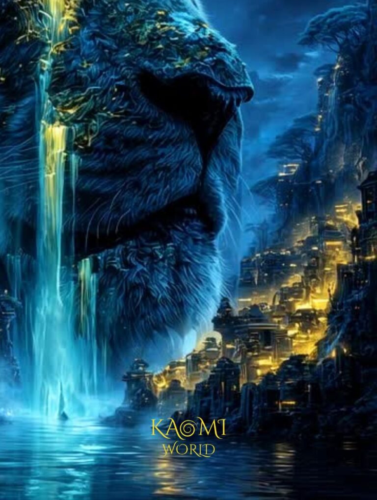 La Cascade du Roi Profil d’un lion colossal dont les larmes dorées forment une cascade lumineuse s’écoulant vers une cité ancienne éclairée d’or.