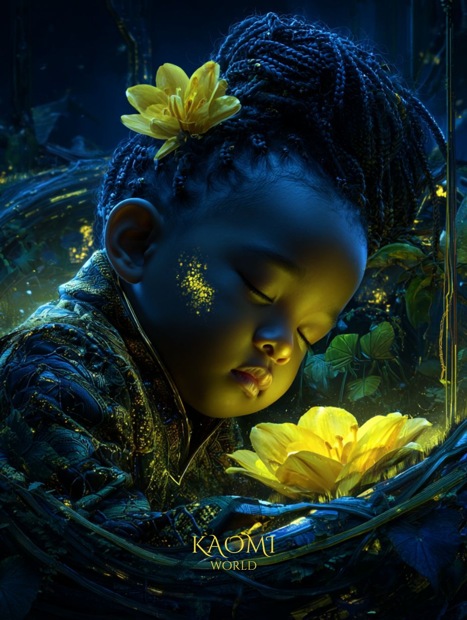 Bébé endormi dans la lumière dorée d’une fleur, symbole des naissances veillées par Maïa, la gardienne du berceau, dans l’univers Kaomi World.