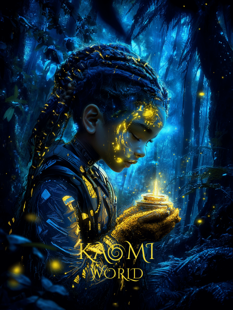 La veillée de la Lumière Kaomi, enfant de l’univers Kaomi World, tient une petite bougie dorée entre ses mains dans une forêt nocturne bleutée. Des motifs lumineux apparaissent sur son visage, symbolisant la lumière intérieure lors de la Veillée de la Lumière.
