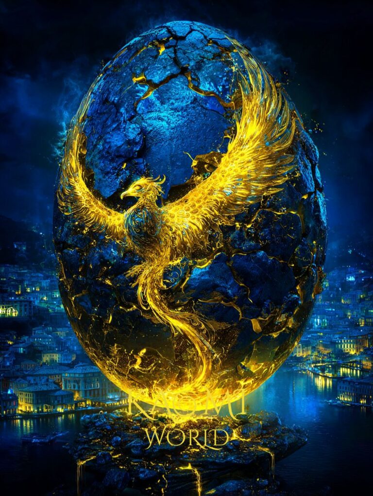 Pyraël, Celui qui renaît Pyraël, le Phénix de Kaomi World, déploie ses ailes dorées en sortant d’un grand œuf ancien fissuré. La lumière dorée jaillit de la coquille brisée, symbolisant la renaissance après un long cycle.