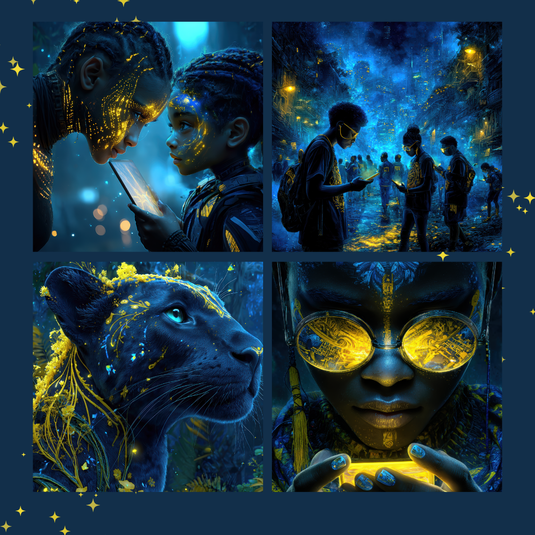 Selection of illustrations from Kaomi and the Lightless Ones, a poetic children’s book about inner light, digital shadow, and human connection