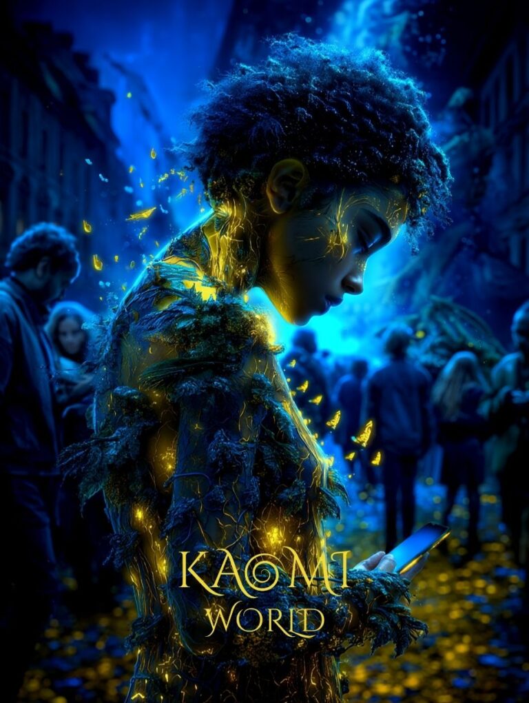Kéra, Celle qui se cache Jeune femme afro marchant dans une rue sombre peuplée, éclairée par des lumières bleues et jaunes, tenant un téléphone lumineux, tandis qu’une lueur dorée organique semble circuler discrètement sous sa peau dans l’univers de Kaomi World.