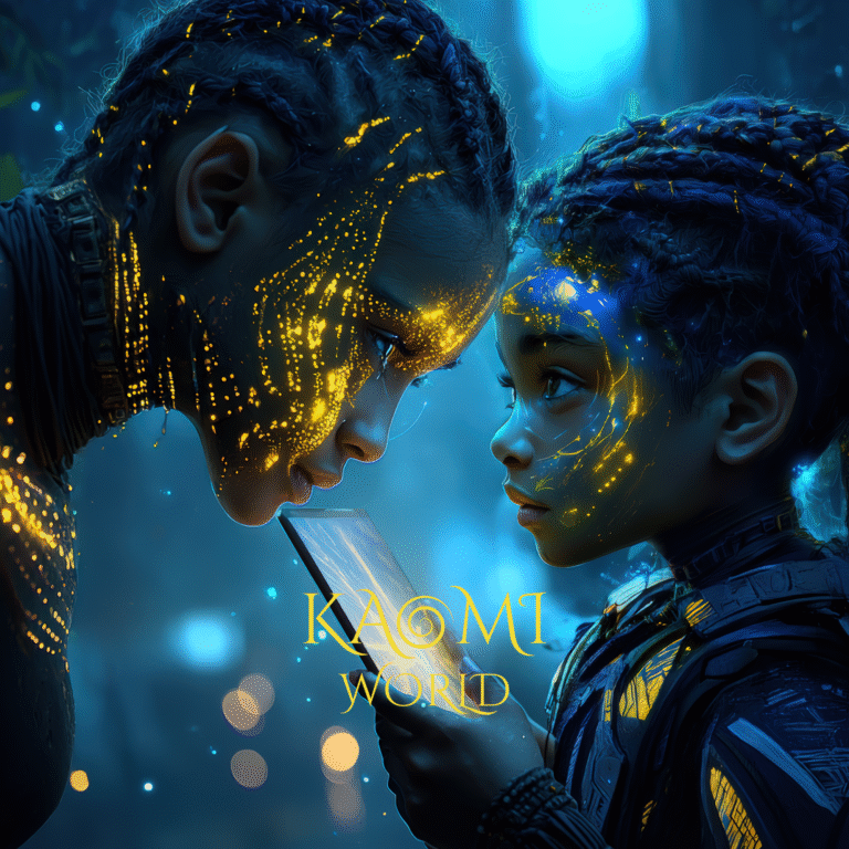 Illustration Kaomi World – une enfant et un adulte face à la lumière intérieure, symbole de transmission, d’attention et de lien éducatif.